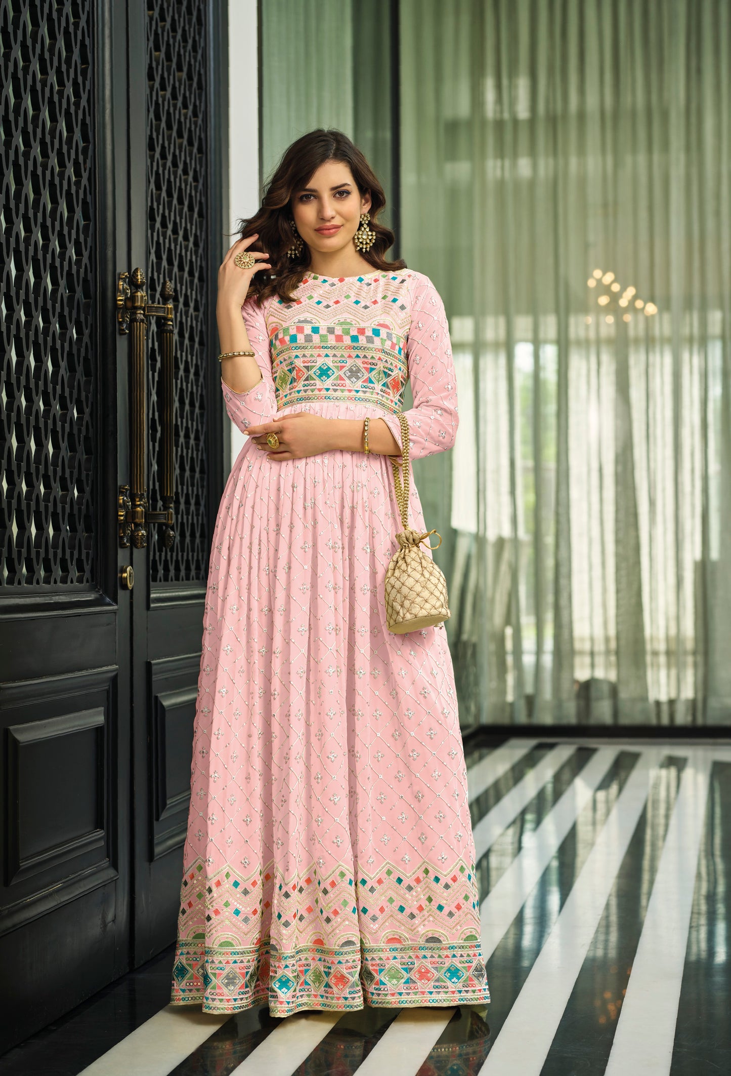 Pink Color Faux Georgette Heavy Embroidery Work Gown Anarkali Salwar Suit