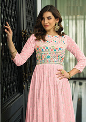 Pink Color Faux Georgette Heavy Embroidery Work Gown Anarkali Salwar Suit - Joshindia