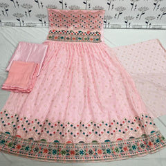 Pink Color Faux Georgette Heavy Embroidery Work Gown Anarkali Salwar Suit - Joshindia