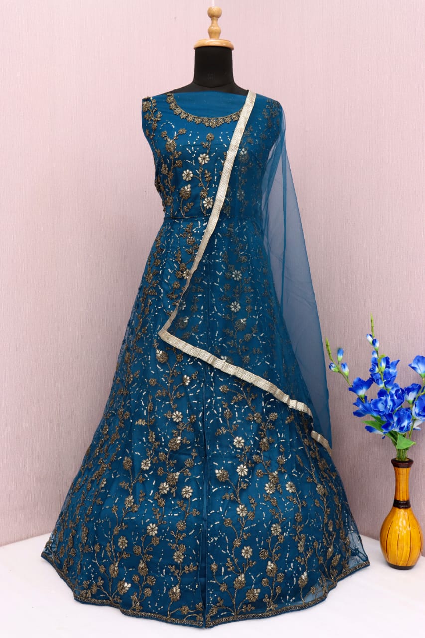 Sea Blue Color Soft Net Heavy Embroidery Work Anarkali Suit