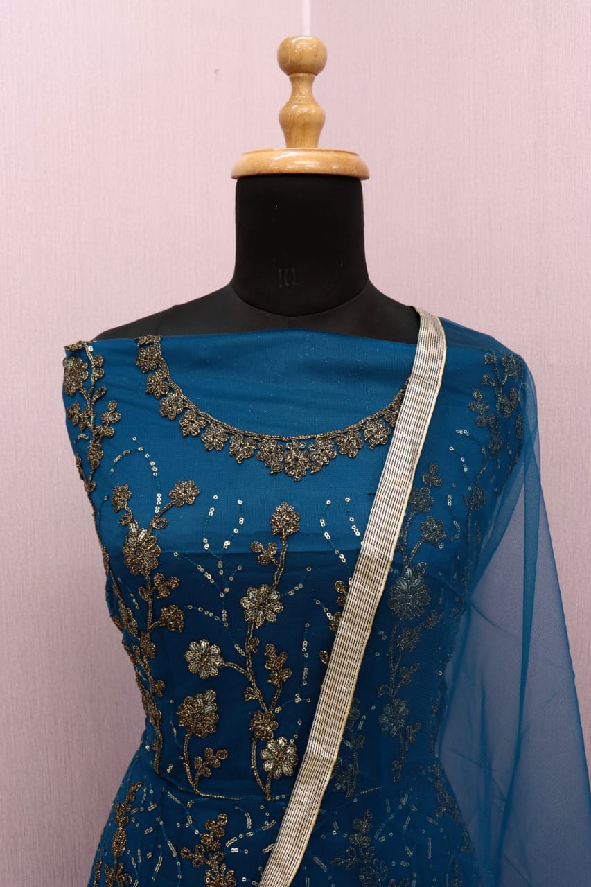 Sea Blue Color Soft Net Heavy Embroidery Work Anarkali Suit - Joshindia