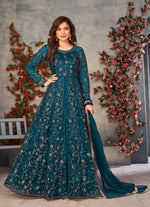 Sea Blue Color Soft Net Heavy Embroidery Work Anarkali Suit - Joshindia