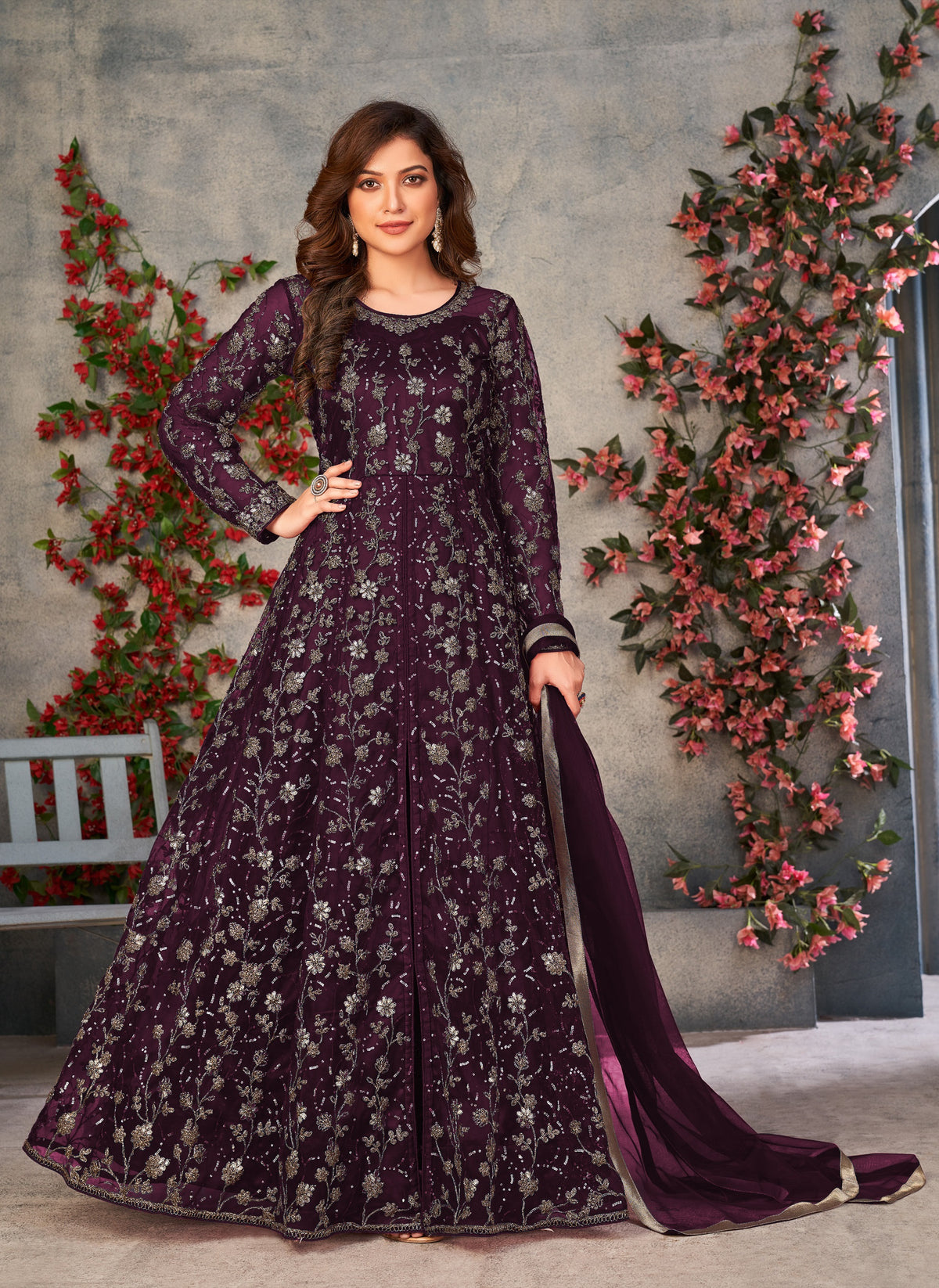 Purple Color Soft Net Heavy Embroidery Work Anarkali Suit - Joshindia