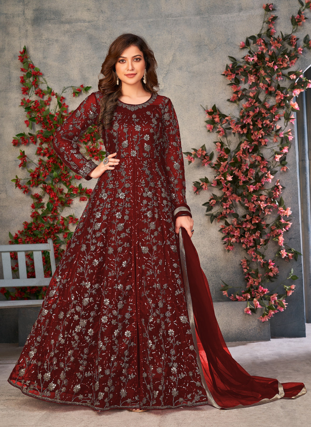 Maroon Color Soft Net Heavy Embroidery Work Anarkali Suit - Joshindia