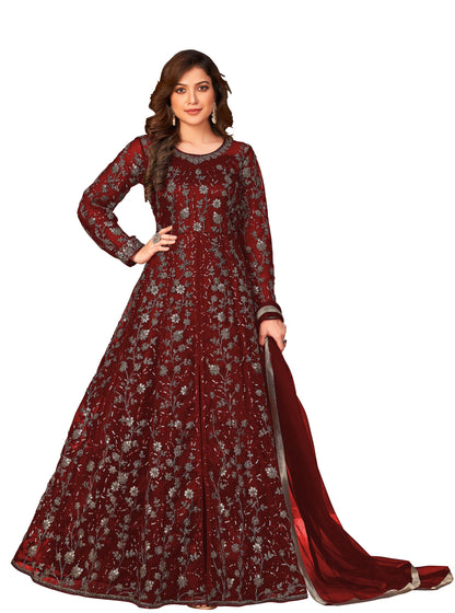 Maroon Color Soft Net Heavy Embroidery Work Anarkali Suit