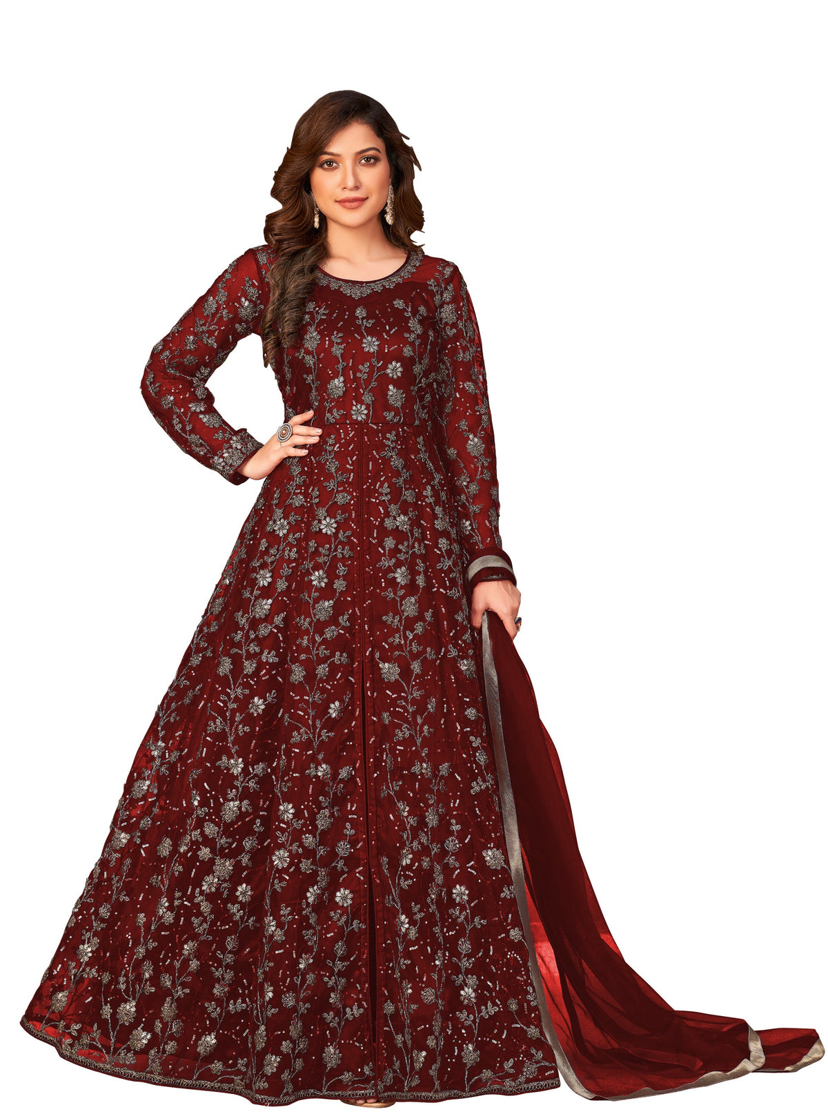 Maroon Color Soft Net Heavy Embroidery Work Anarkali Suit - Joshindia