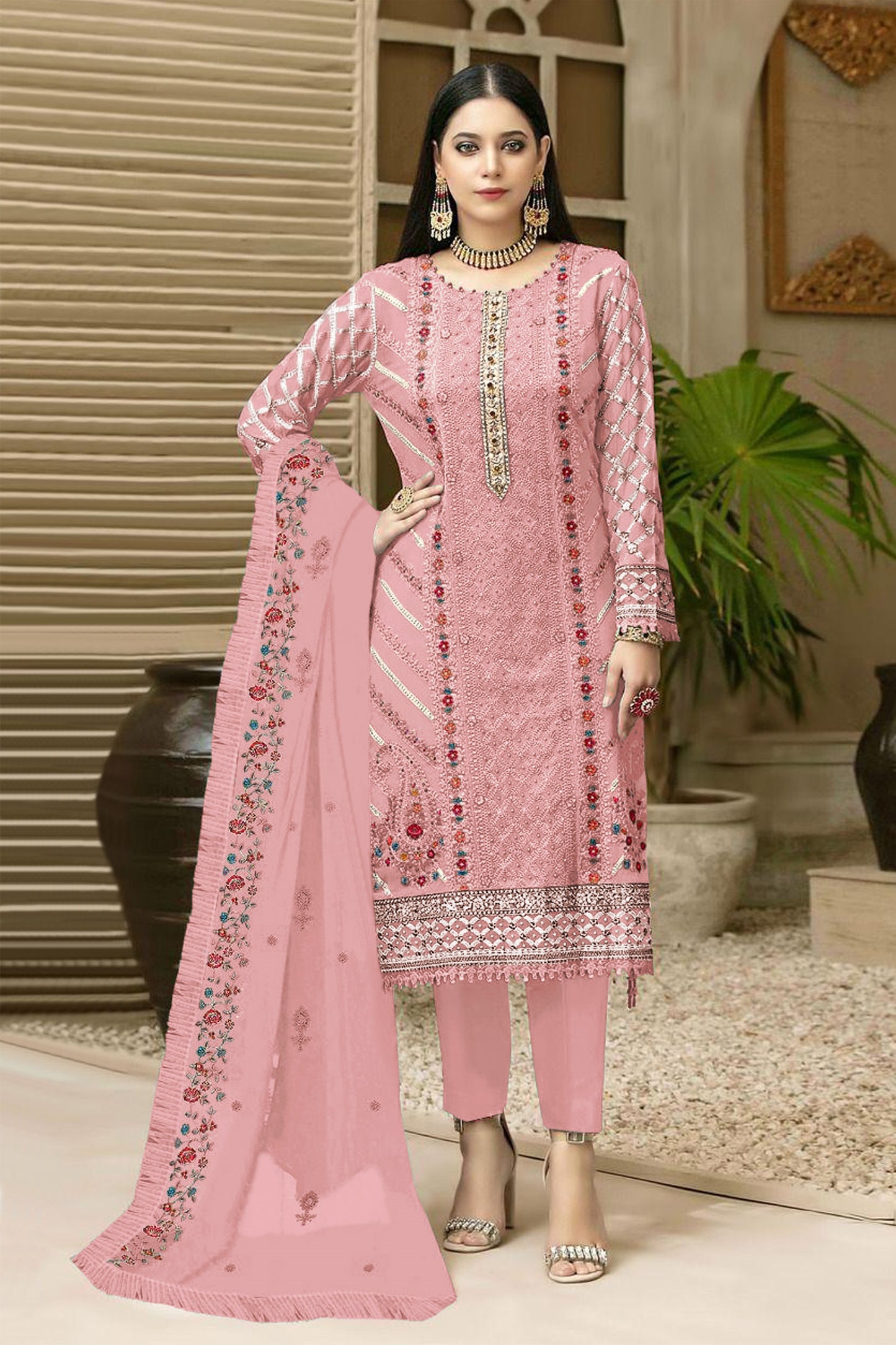 Pink Color Georgette With Embroidery Work Semi Stitch Pakistani Salwar Suit