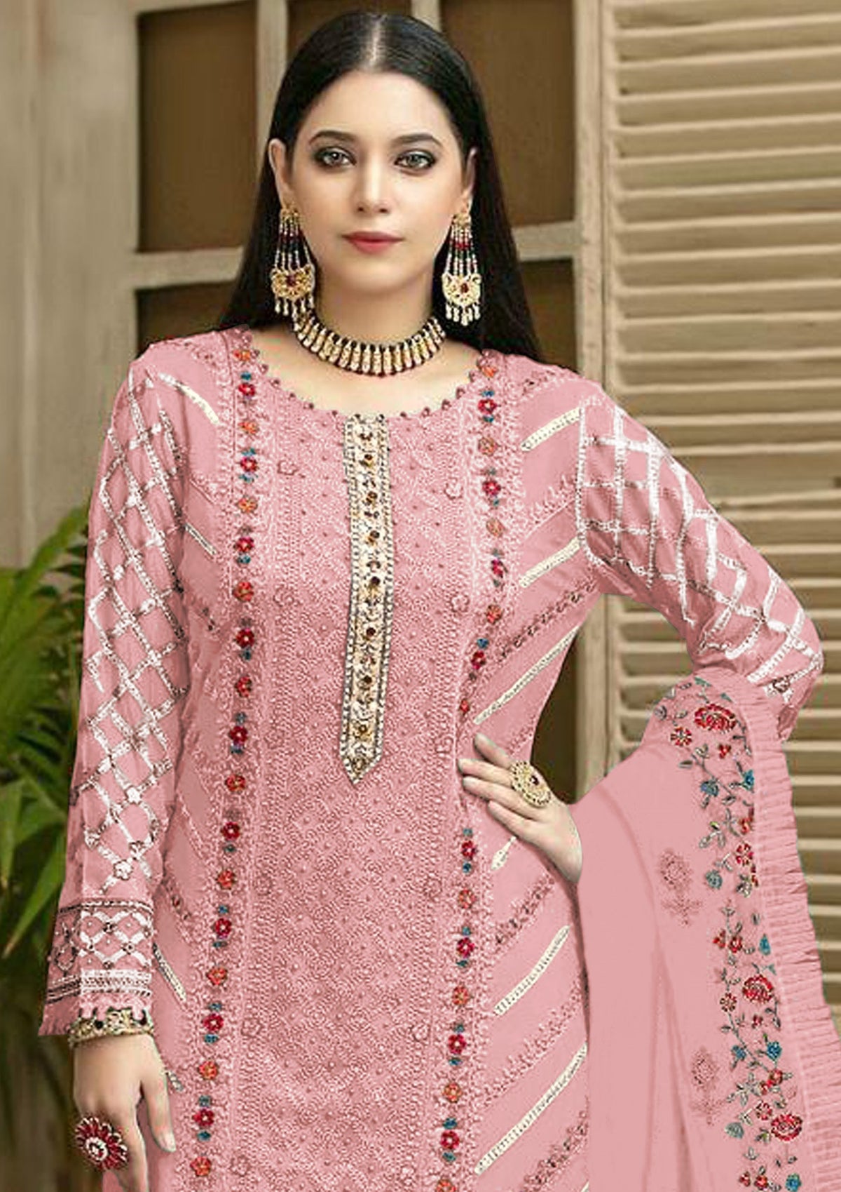 Pink Color Georgette With Embroidery Work Semi Stitch Pakistani Salwar Suit - Joshindia