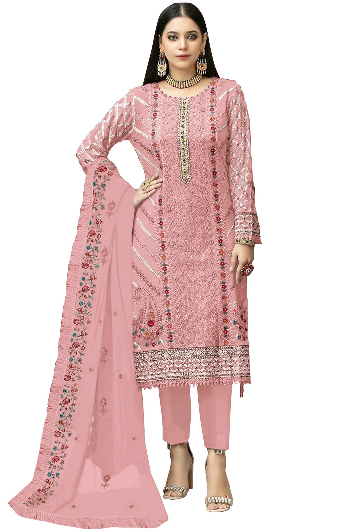 Pink Color Georgette With Embroidery Work Semi Stitch Pakistani Salwar Suit - Joshindia
