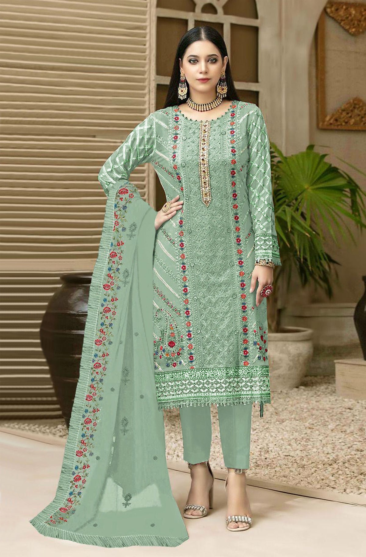 Sky Blue Color Georgette With Embroidery Work Semi Stitch Pakistani Salwar Suit - Joshindia