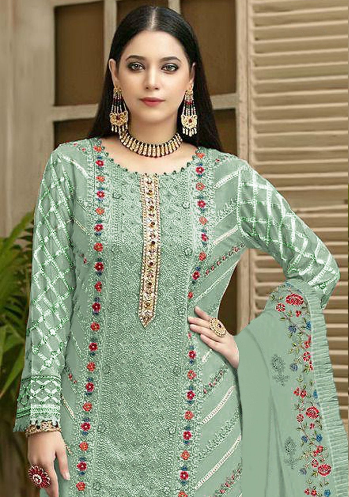 Sky Blue Color Georgette With Embroidery Work Semi Stitch Pakistani Salwar Suit - Joshindia