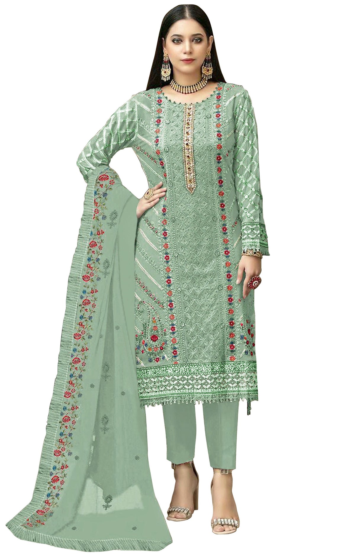 Sky Blue Color Georgette With Embroidery Work Semi Stitch Pakistani Salwar Suit - Joshindia