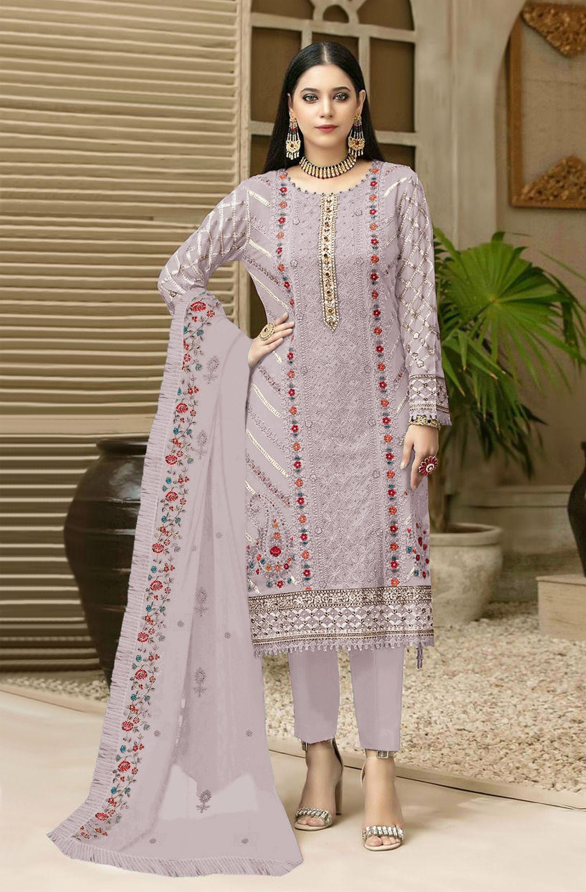 Purple Color Georgette With Embroidery Work Semi Stitch Pakistani Salwar Suit - Joshindia