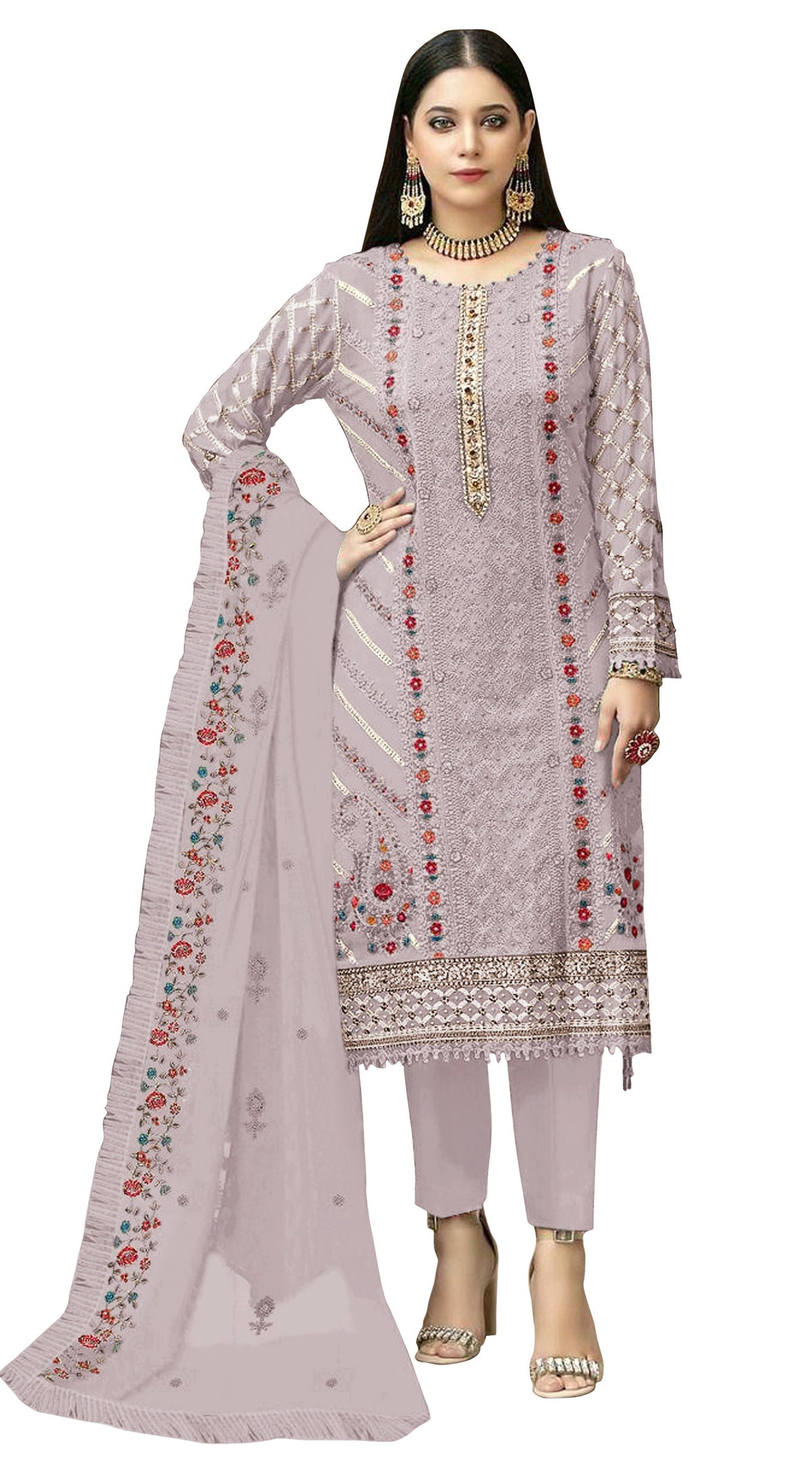 Purple Color Georgette With Embroidery Work Semi Stitch Pakistani Salwar Suit - Joshindia