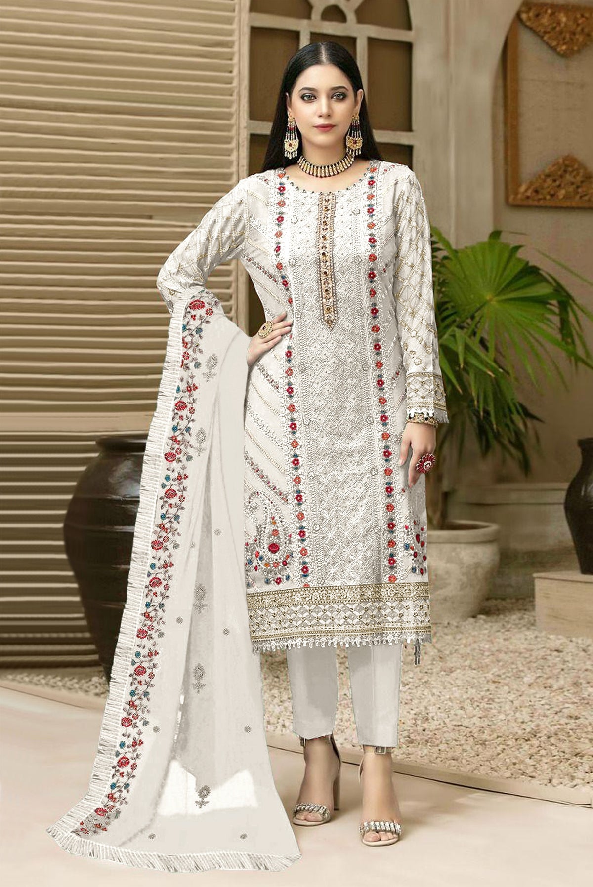 White Color Georgette With Embroidery Work Semi Stitch Pakistani Salwar Suit - Joshindia