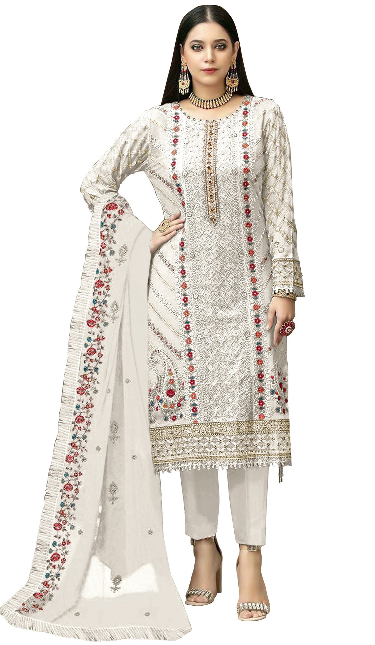 White Color Georgette With Embroidery Work Semi Stitch Pakistani Salwar Suit - Joshindia