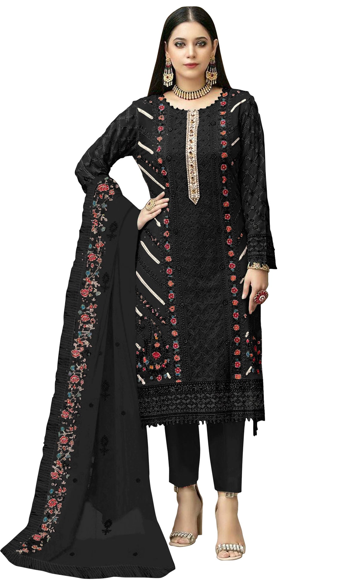 Black Color Georgette With Embroidery Work Semi Stitch Pakistani Salwar Suit - Joshindia