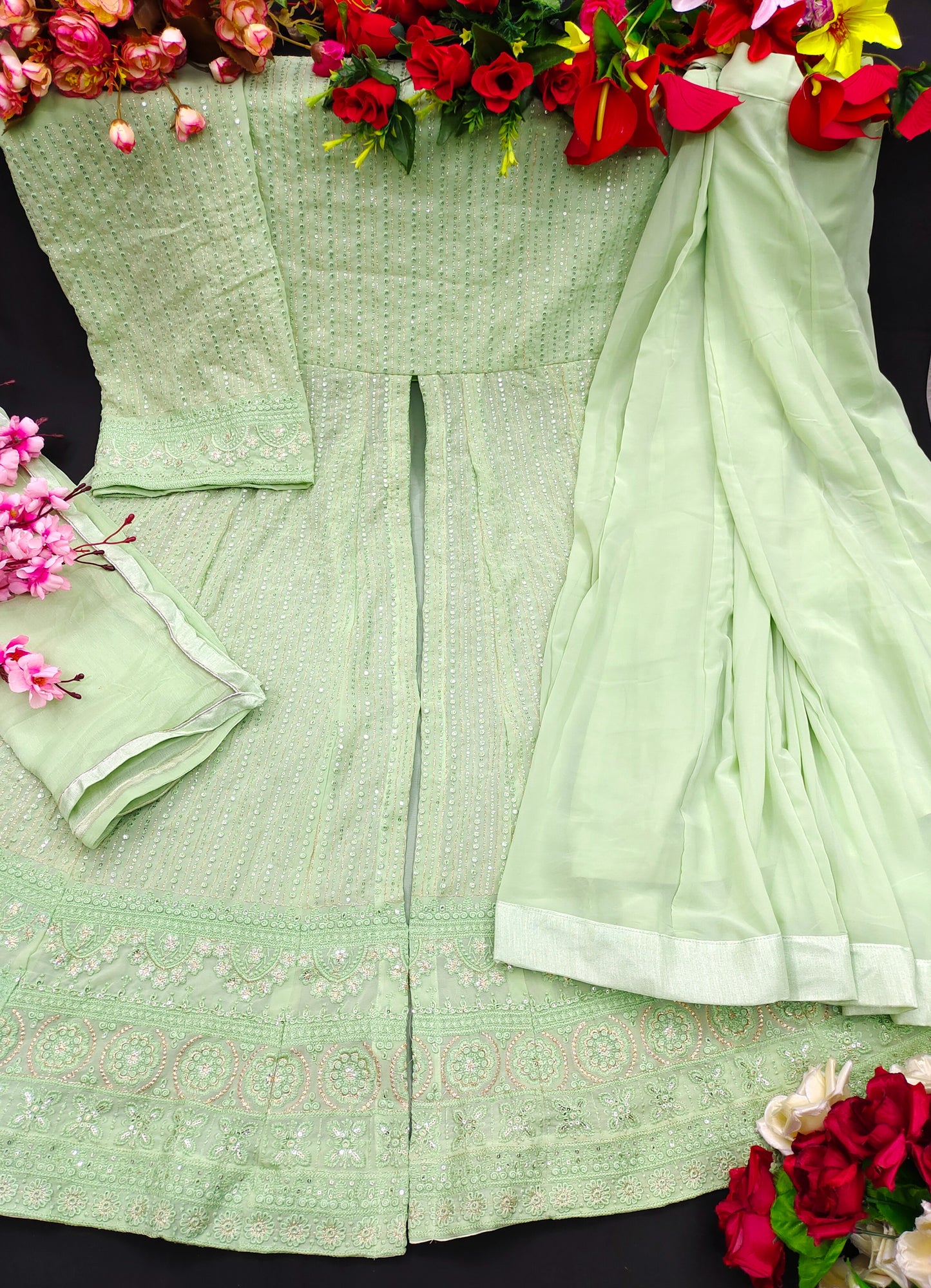 Trending  Pista Green Color  Designer Long Gown For Best Looks