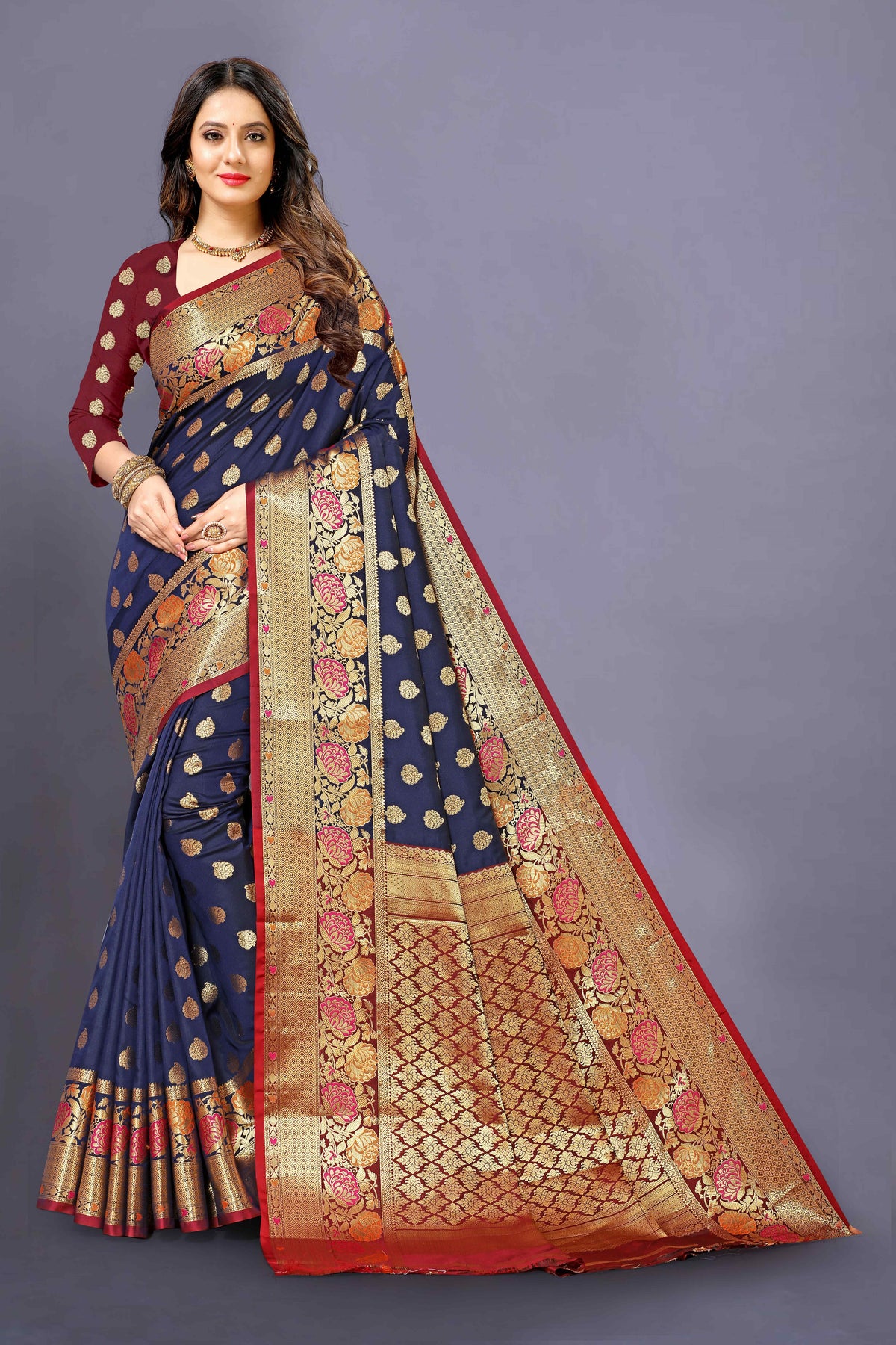 Blue and Marun color kanjivaram silk saree - Joshindia