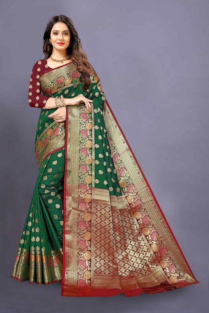 Marun and Green color banarasi silk saree