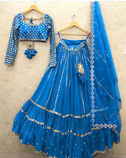 Buy Sky blue color partywear ruffle lehenga choli for wedding
