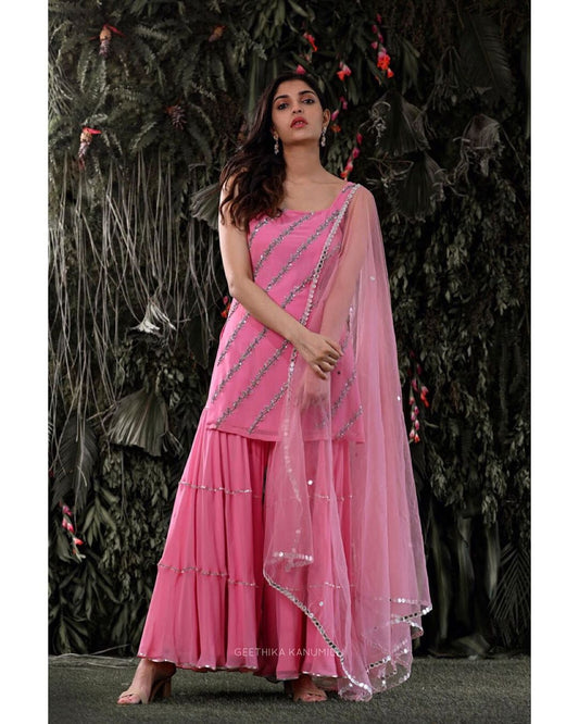 Light pink  color georgette satin sharara style suit