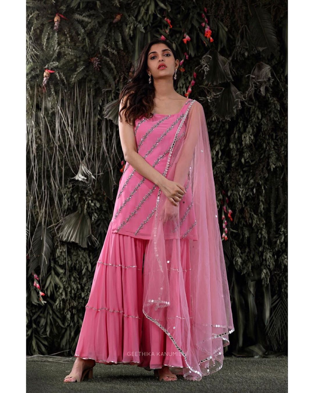 Light pinkcolor georgette satin sharara style suit - Joshindia