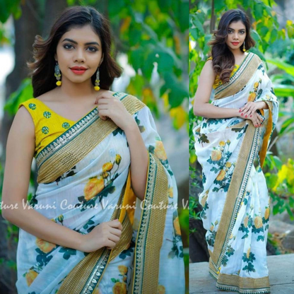 buy white and green printed saree online