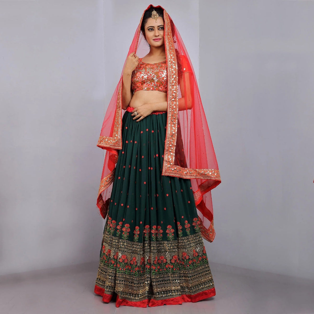 Latest Red And Green Color Lehenga Choli Online In India - Joshindia