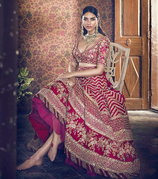 Stunning Red Color Designer Party Wear Lehenga At Reasonable Rate