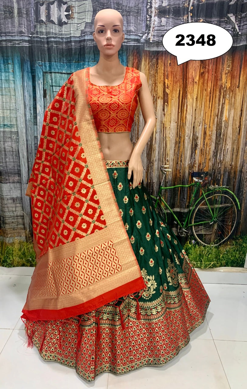 buy green orange banarasi lehenga choli online - Joshindia
