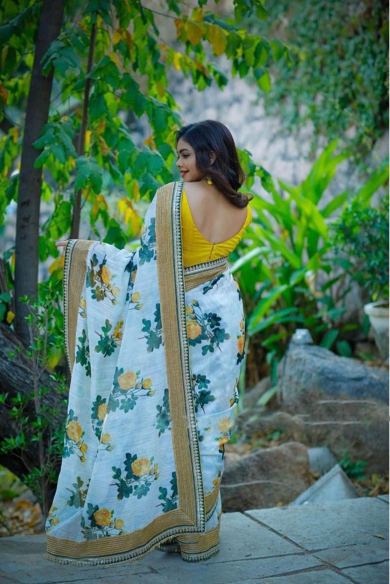 buy white and green printed saree online