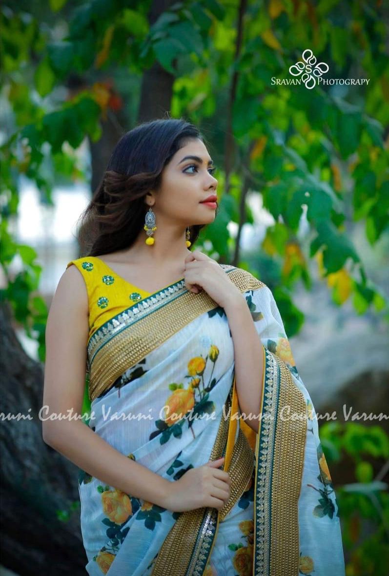 buy white and green printed saree online - Joshindia