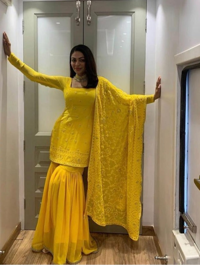 yellow color georgette satin sharara style suit