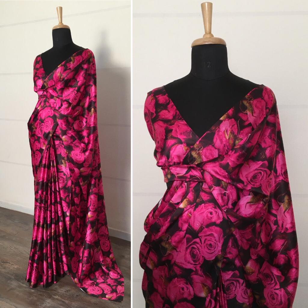 Magenta Satin Silk Designer Silk Saree