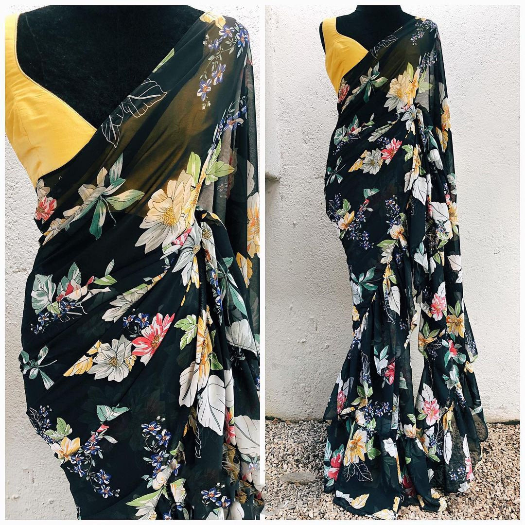 Trending Black Color Ruffle Border Georgette Designer Saree - Joshindia