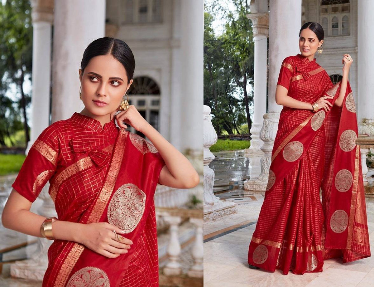 beautiful red color designer silk saree with blouse - Joshindia