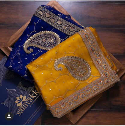 Gorgeous blue and yellow color saree for partywear look