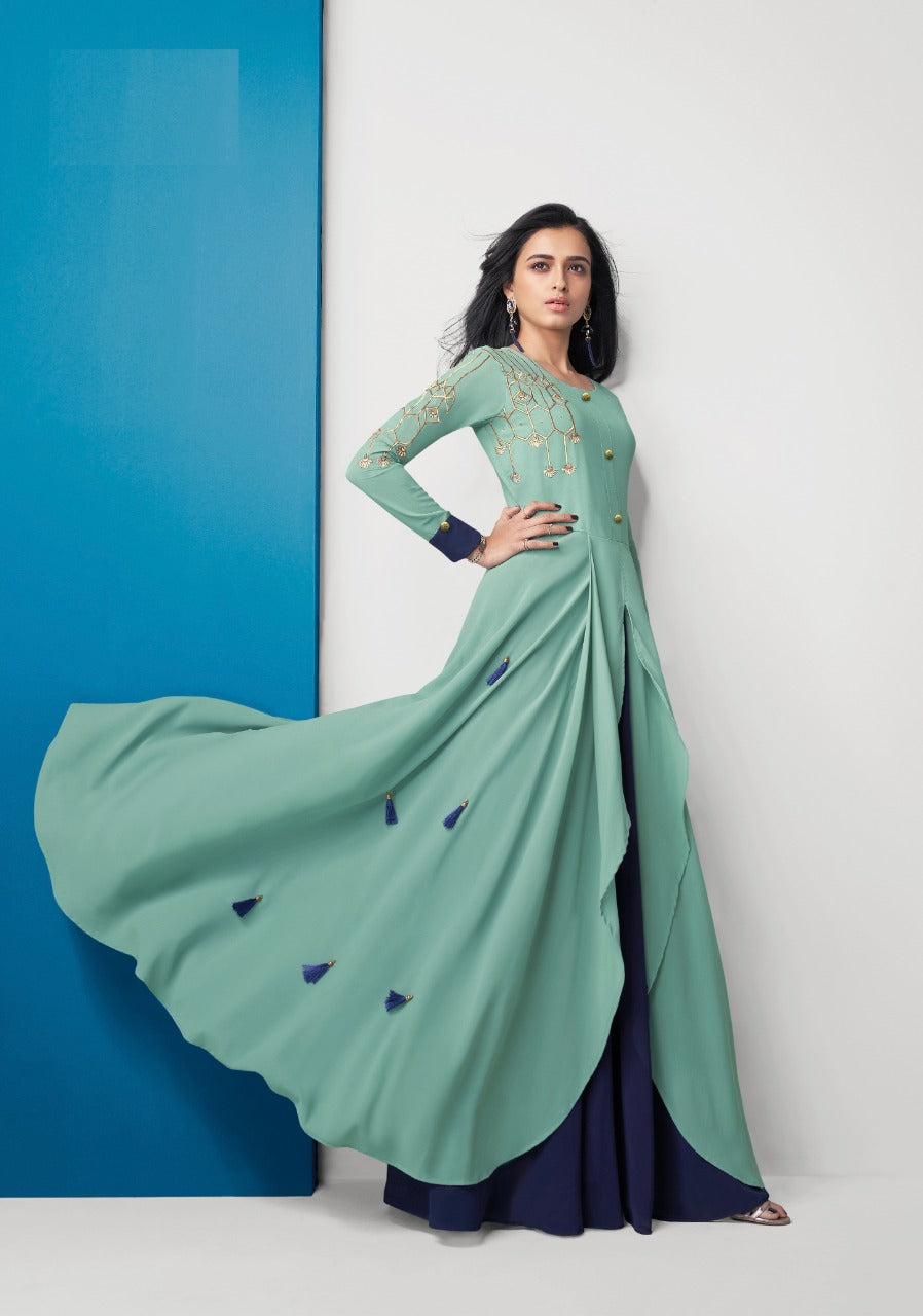 Sea green color trendy designer gown for casual look
