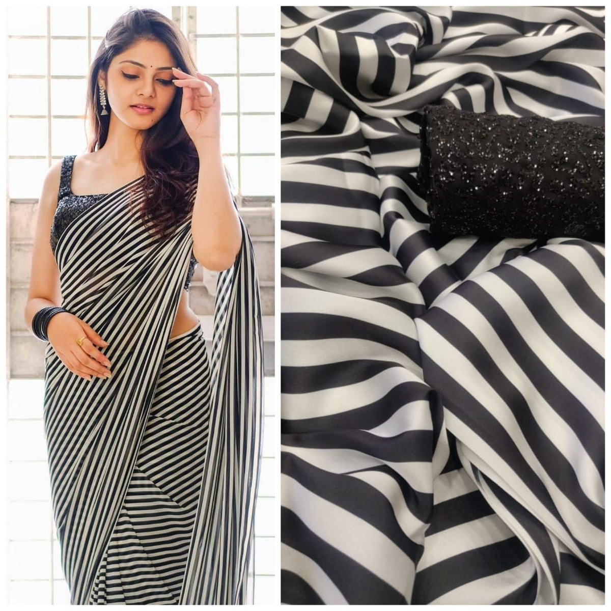 black and white stripes georgette sareeat lowest rate buy now - Joshindia