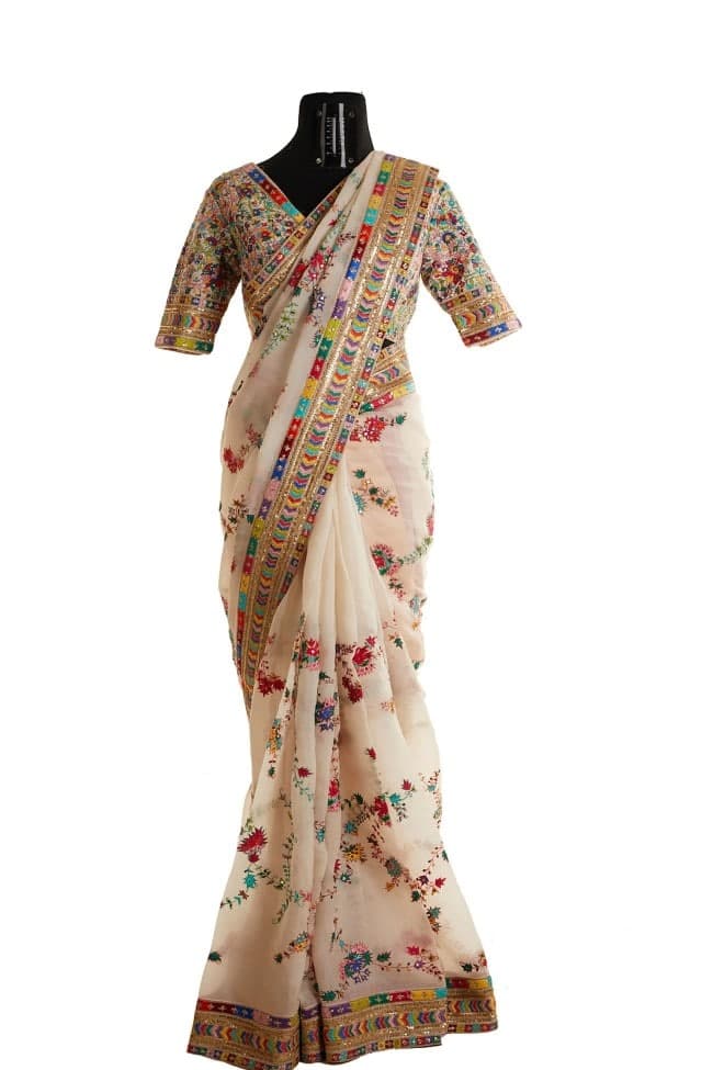 Cream color georgette designer saree for wedding function - Joshindia