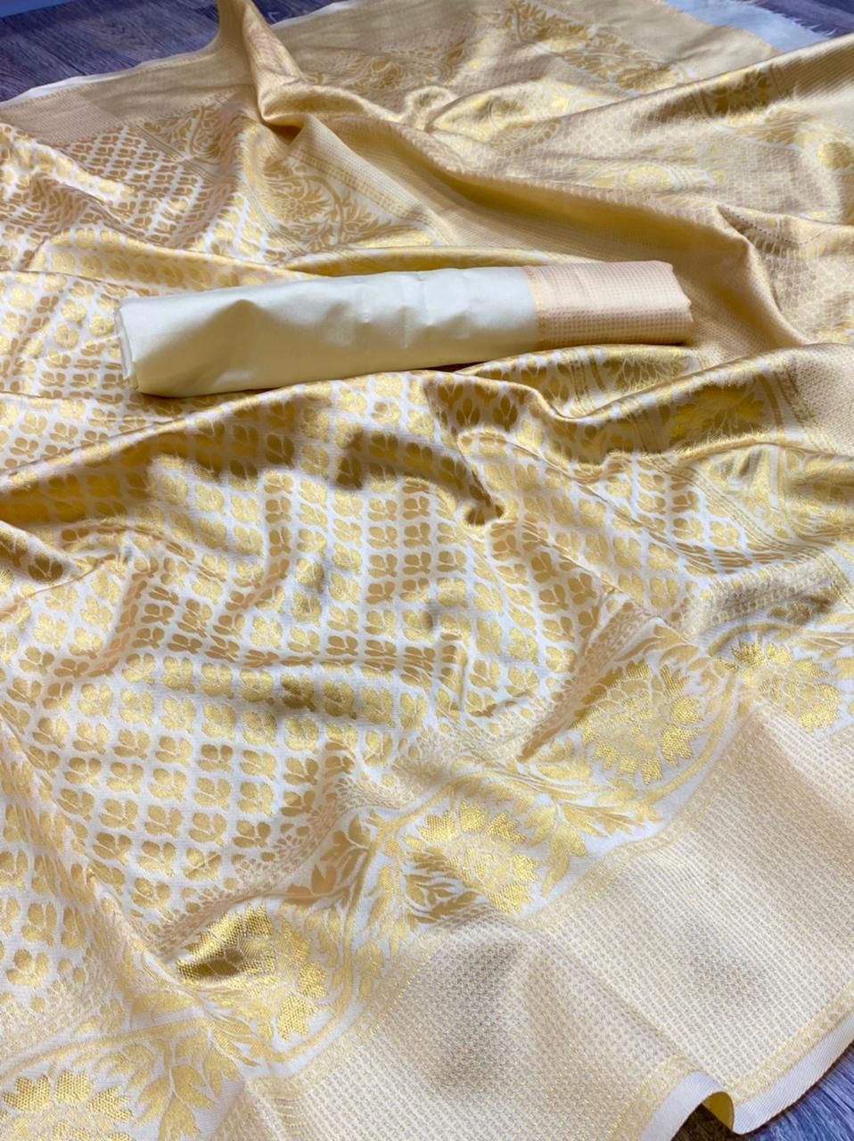 Traditional look cream color pure lichi silk banarasi saree - Joshindia