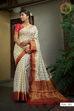 Off-white color silk saree for durga puja - Joshindia