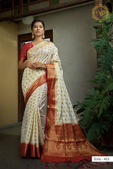 Off-white color silk saree for durga puja - Joshindia