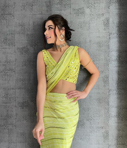 Yellow ruffle designer saree buy online at affordable price