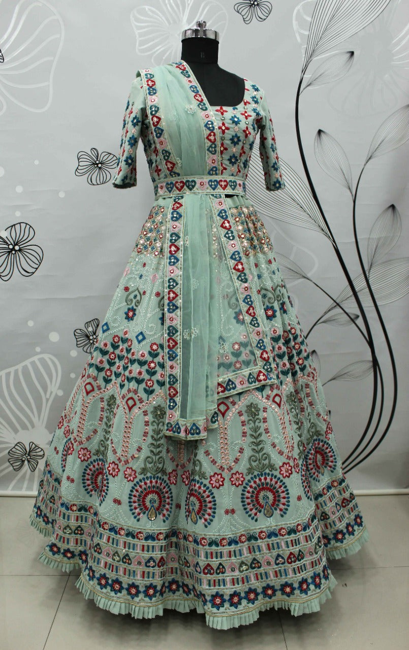 Pista Green color heavy designer lehenga for wedding functions - Joshindia