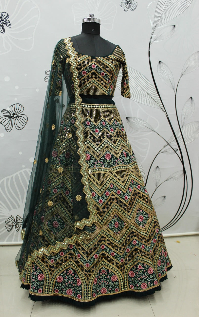 Dark Green color heavy designer lehenga for wedding functions - Joshindia