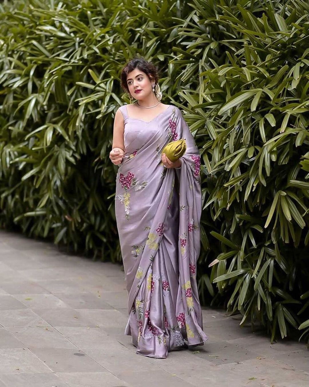 Trending lilac color satin silk saree with hand work buy now