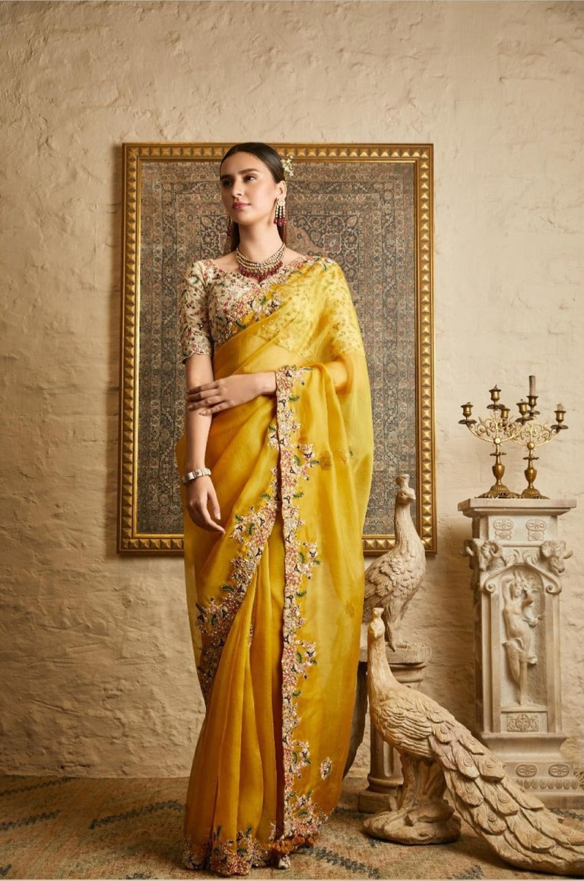 Yellow color heavy designer saree for rich look - Joshindia