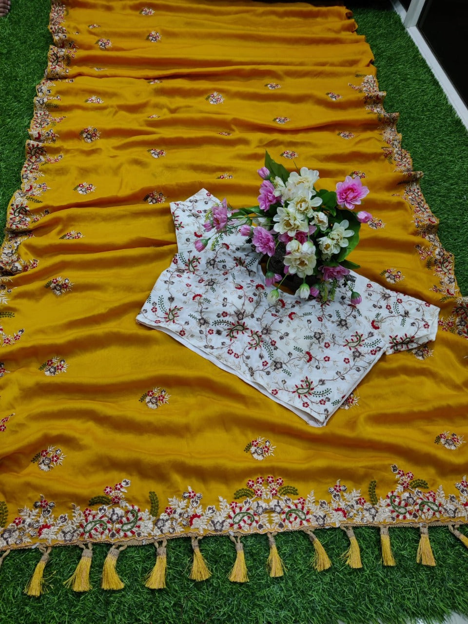 Yellow color heavy designer saree for rich look
